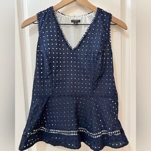 Ann Taylor Navy Cotton Petite Eyelet Peplum Handkerchief Hem Top Women’s Size 4P